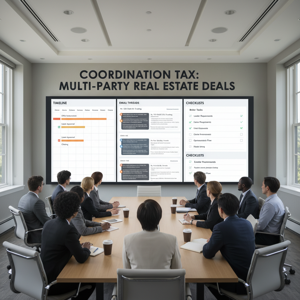 Conference room meeting with multiple real estate stakeholders reviewing timelines and checklists