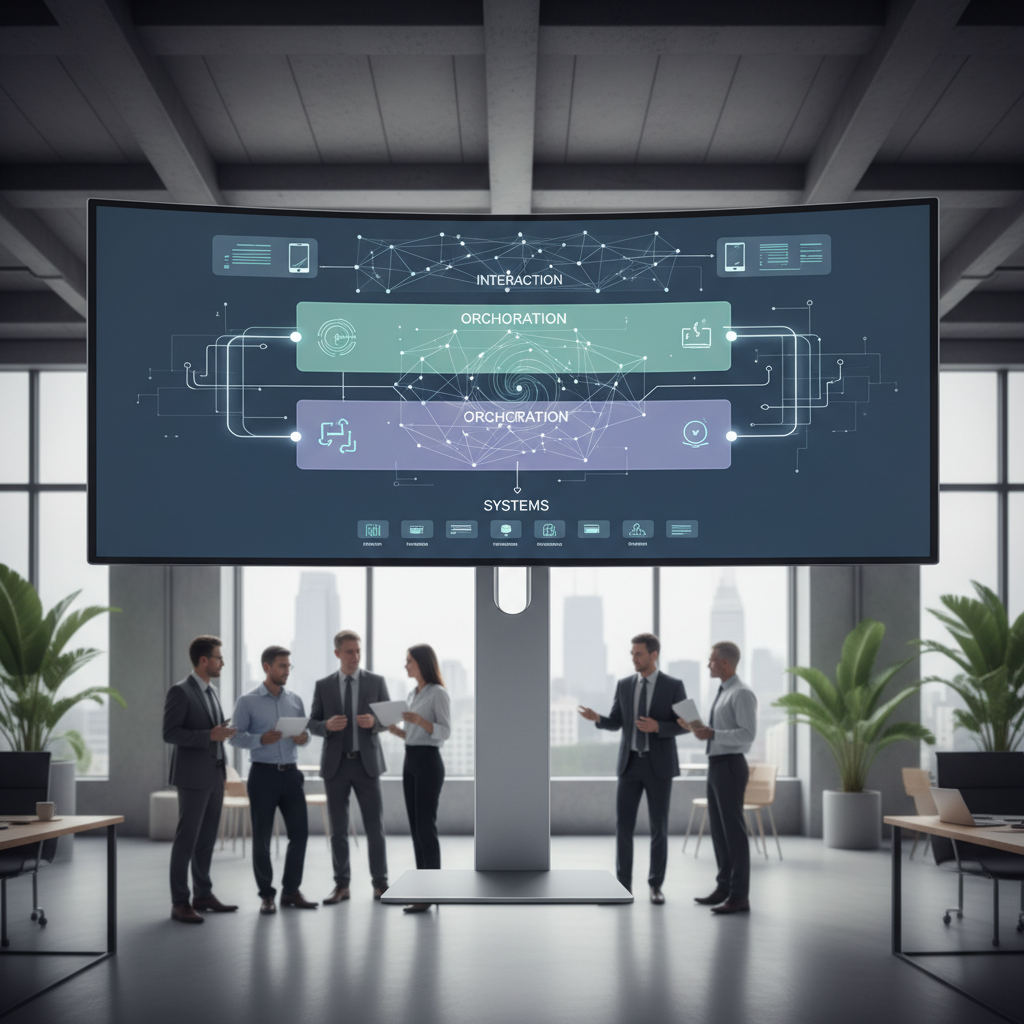 Large monitor showing a three-layer software architecture dashboard for real estate workflows