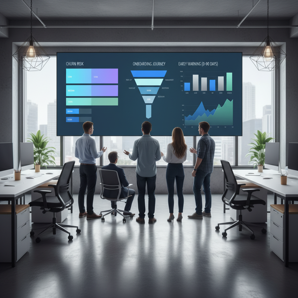 Analytics team viewing a dashboard with onboarding metrics and churn risk scores for the first 90 days