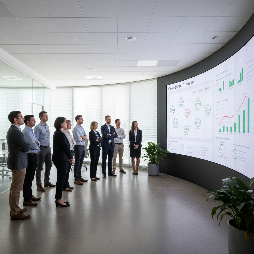 Enterprise leaders reviewing an onboarding timeline and KPIs related to churn risk in the first 90 days