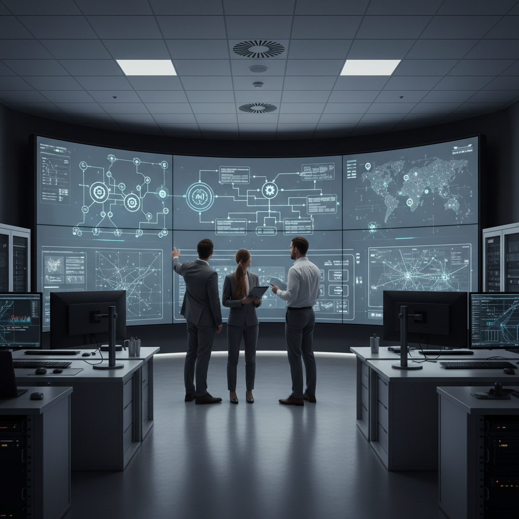 Operations control room with large displays showing automated onboarding workflows and site status