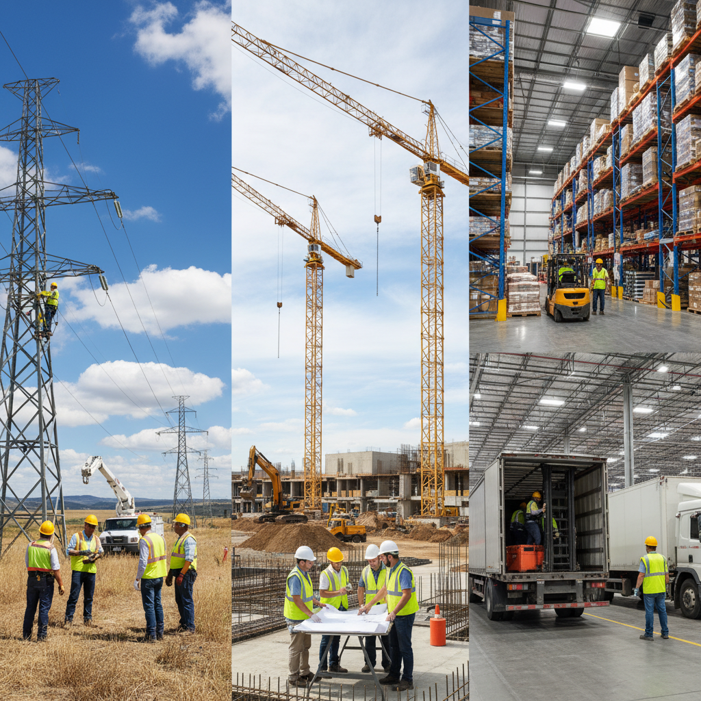 Utility crew, construction site, and logistics warehouse illustrating operations-heavy industries