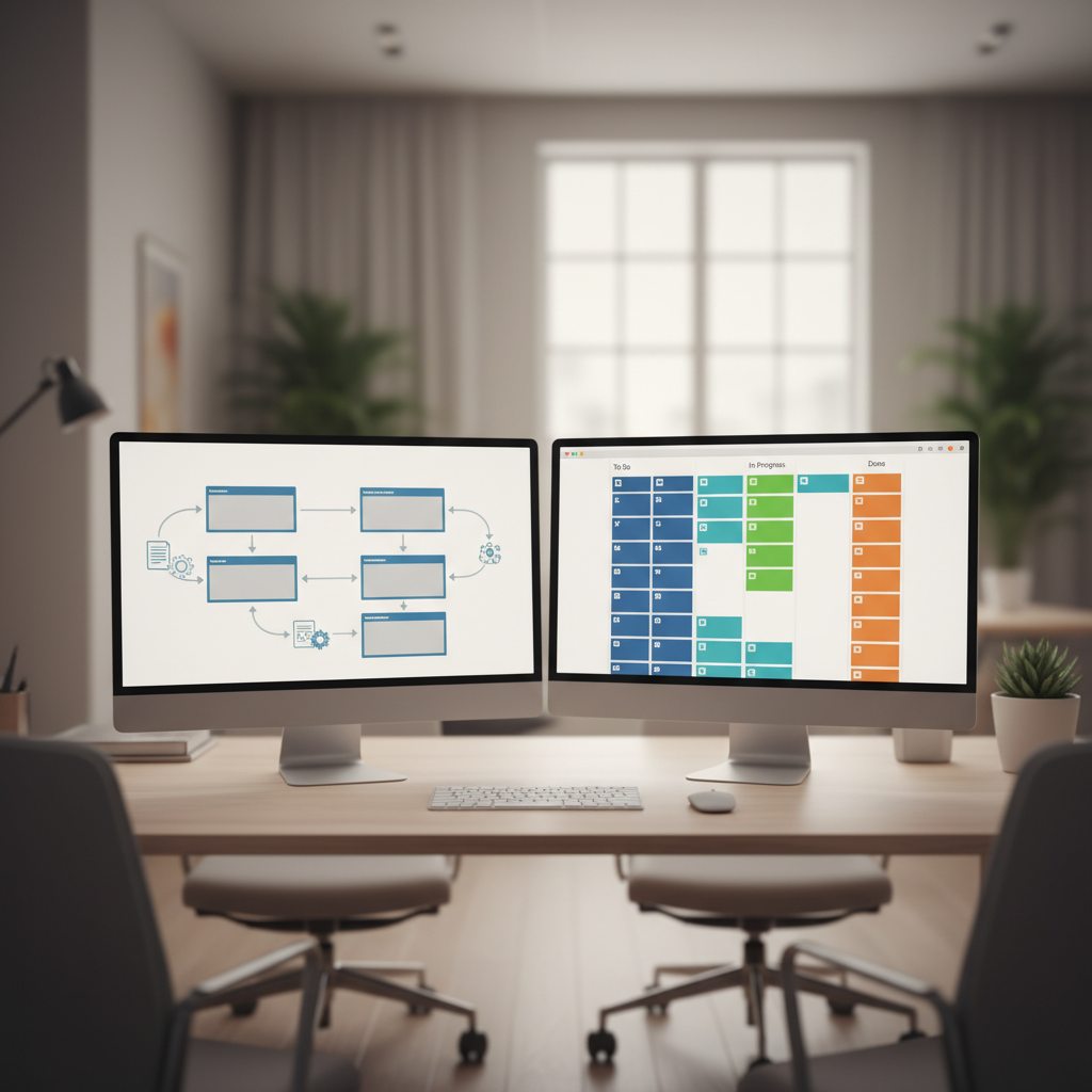 Dual computer monitors displaying an abstract process map and a kanban-style workflow board