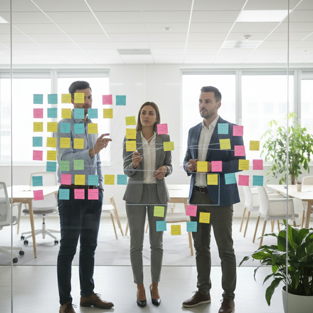 Business team in a workshop mapping workflows and processes on a glass wall with sticky notes