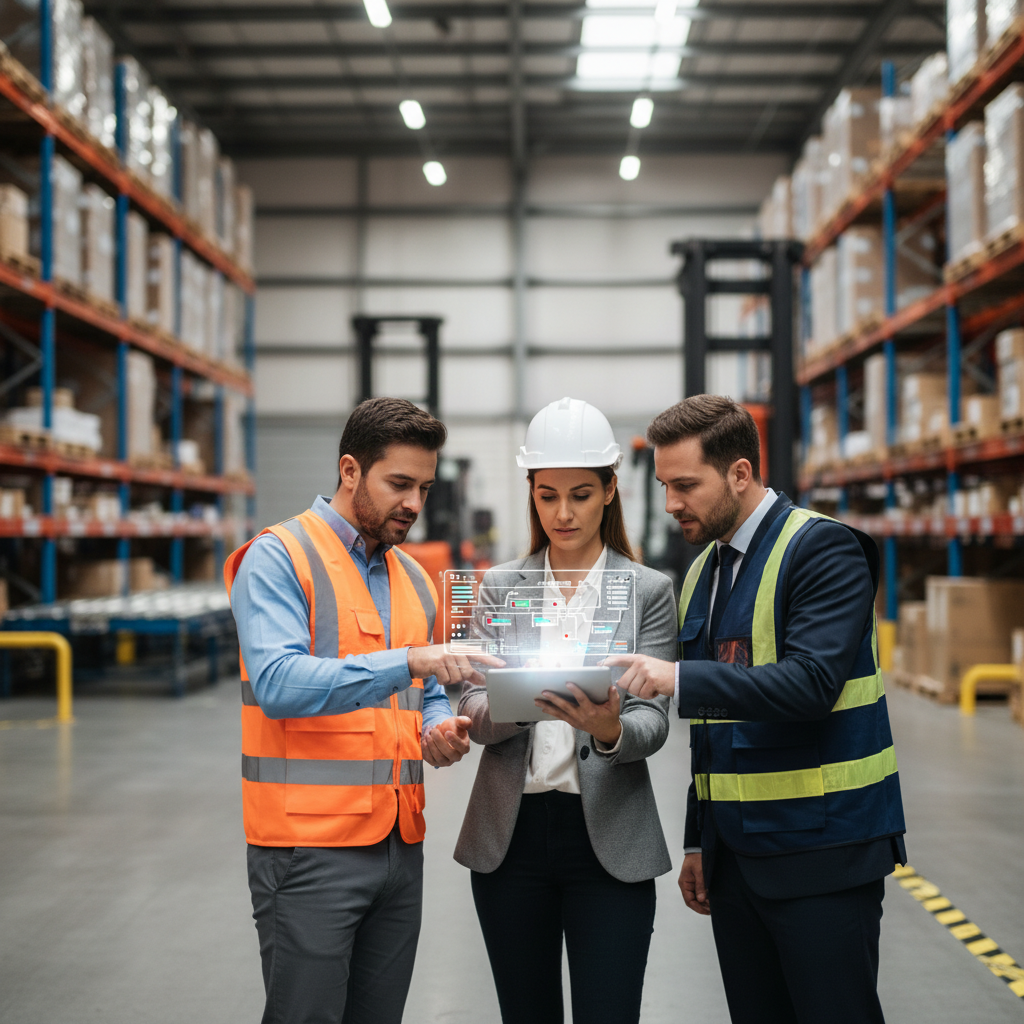 Operations and field staff in an industrial setting reviewing workflow diagrams on a shared screen