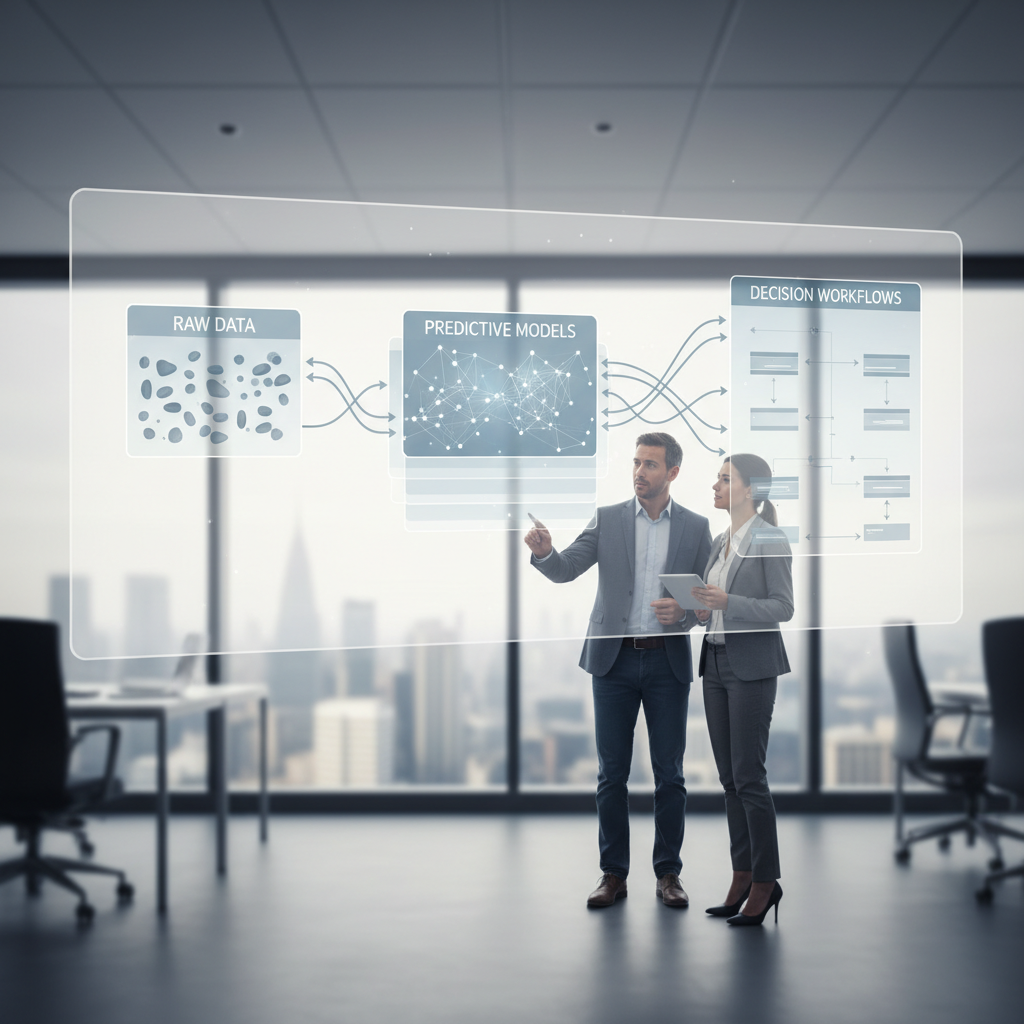 Conceptual digital diagram of a predictive operations stack flowing from data to decisions