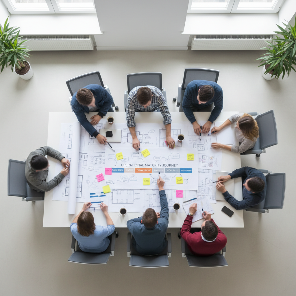 Project team gathered around a table covered with diagrams and a roadmap, planning an operational maturity model journey