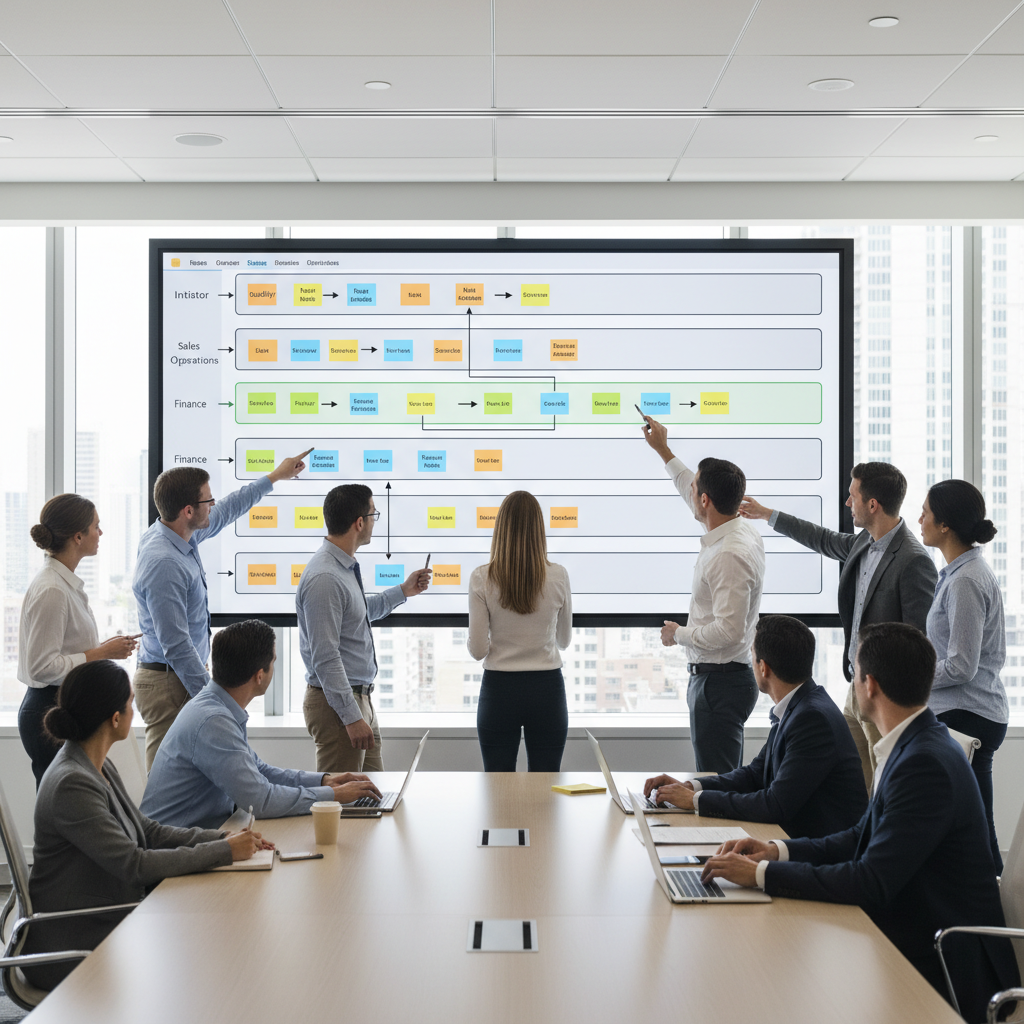 Team collaborating around a digital whiteboard with a process map and swimlanes