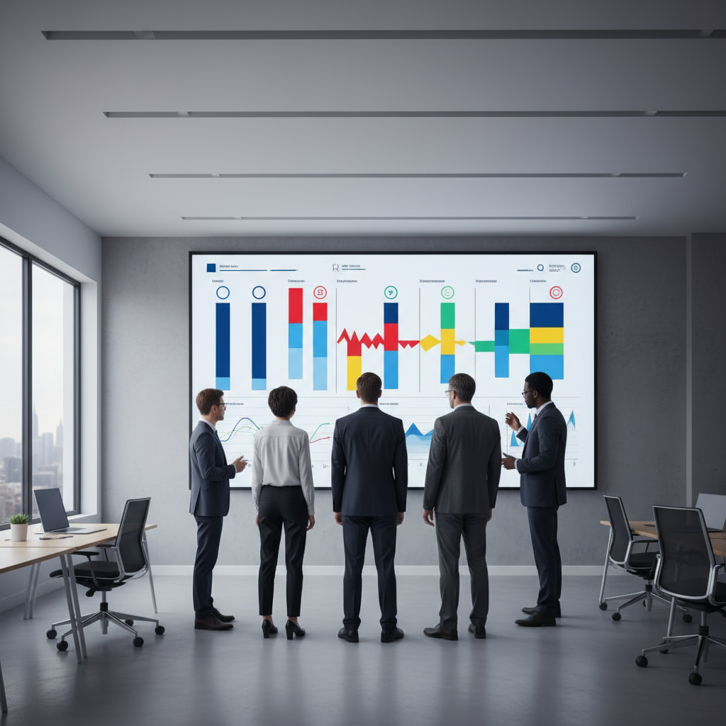 Workflow dashboard on a large screen highlighting process stages and bottlenecks