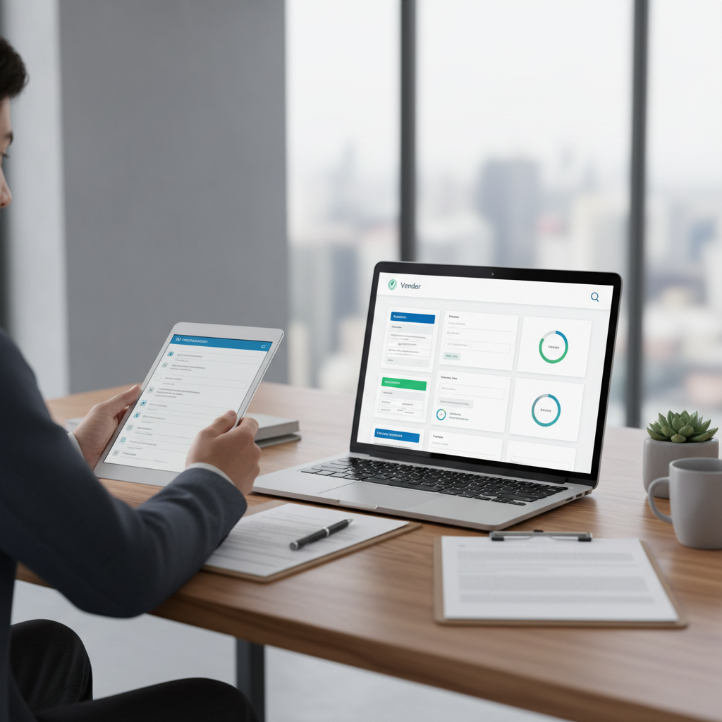 Professional reviewing a vendor or client portal with structured workflow forms