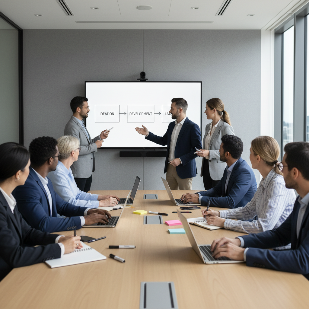 Cross-functional business teams in a conference room reviewing a workflow diagram on a screen