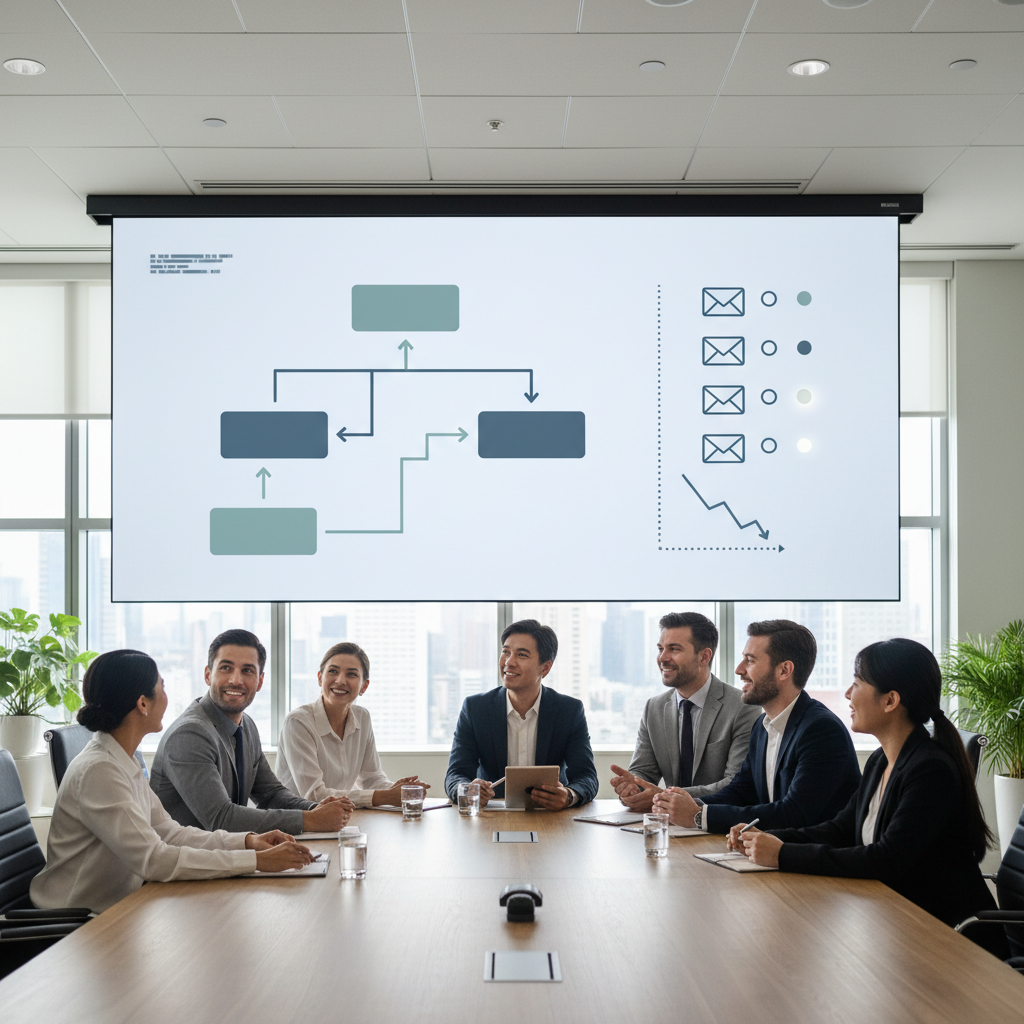 Business process optimization team reviewing workflow and email reduction on a large screen