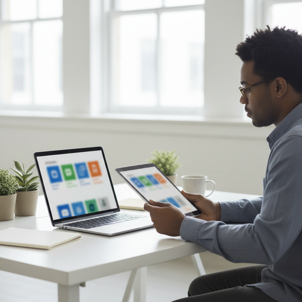 Small business owner at a desk comparing small business accounting software on a laptop and tablet