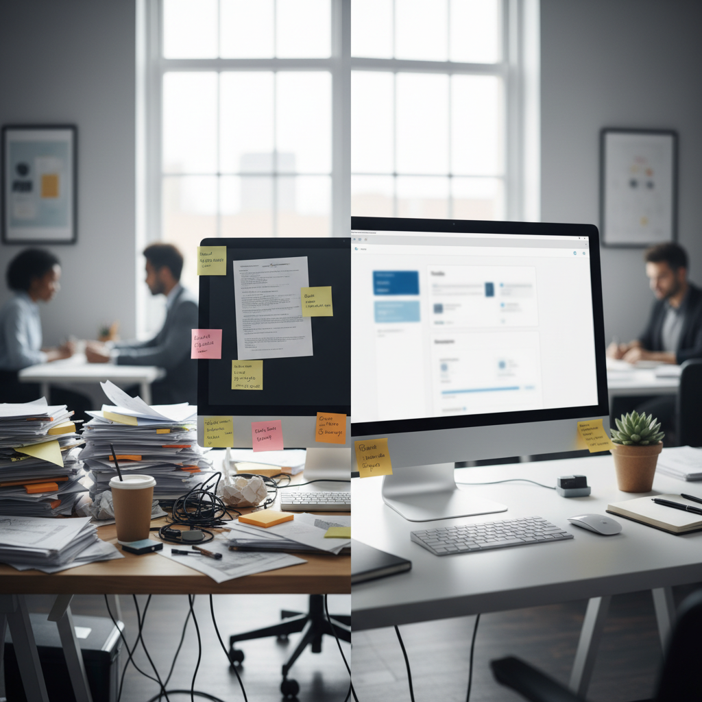 Contrast between a cluttered desk with emails and a tidy workstation showing an organized accounting portal