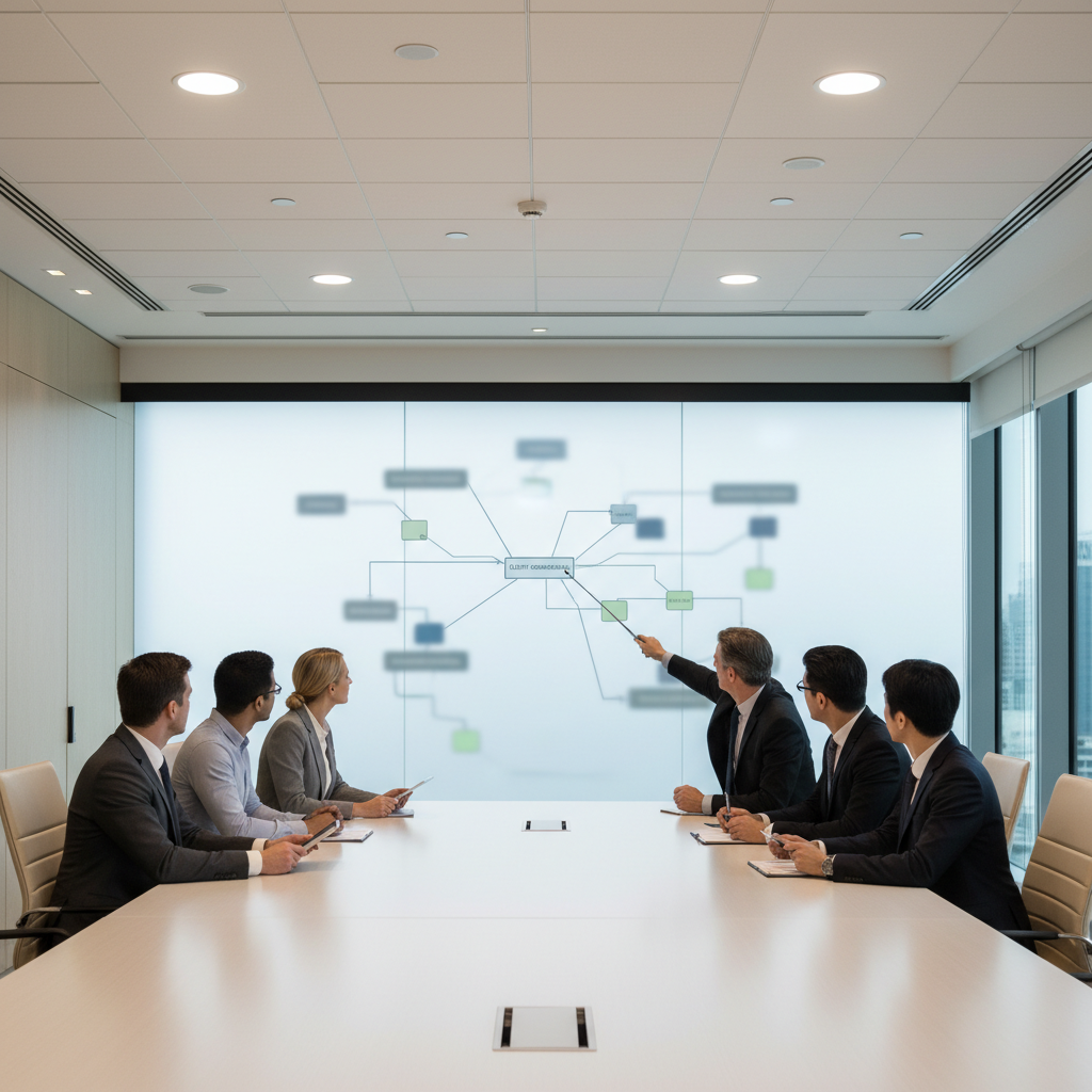 Team of professionals in a conference room reviewing workflow diagrams for a custom accounting client portal