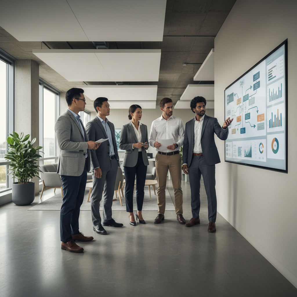 Team of professionals reviewing workflow dashboards representing business process automation challenges in a modern office