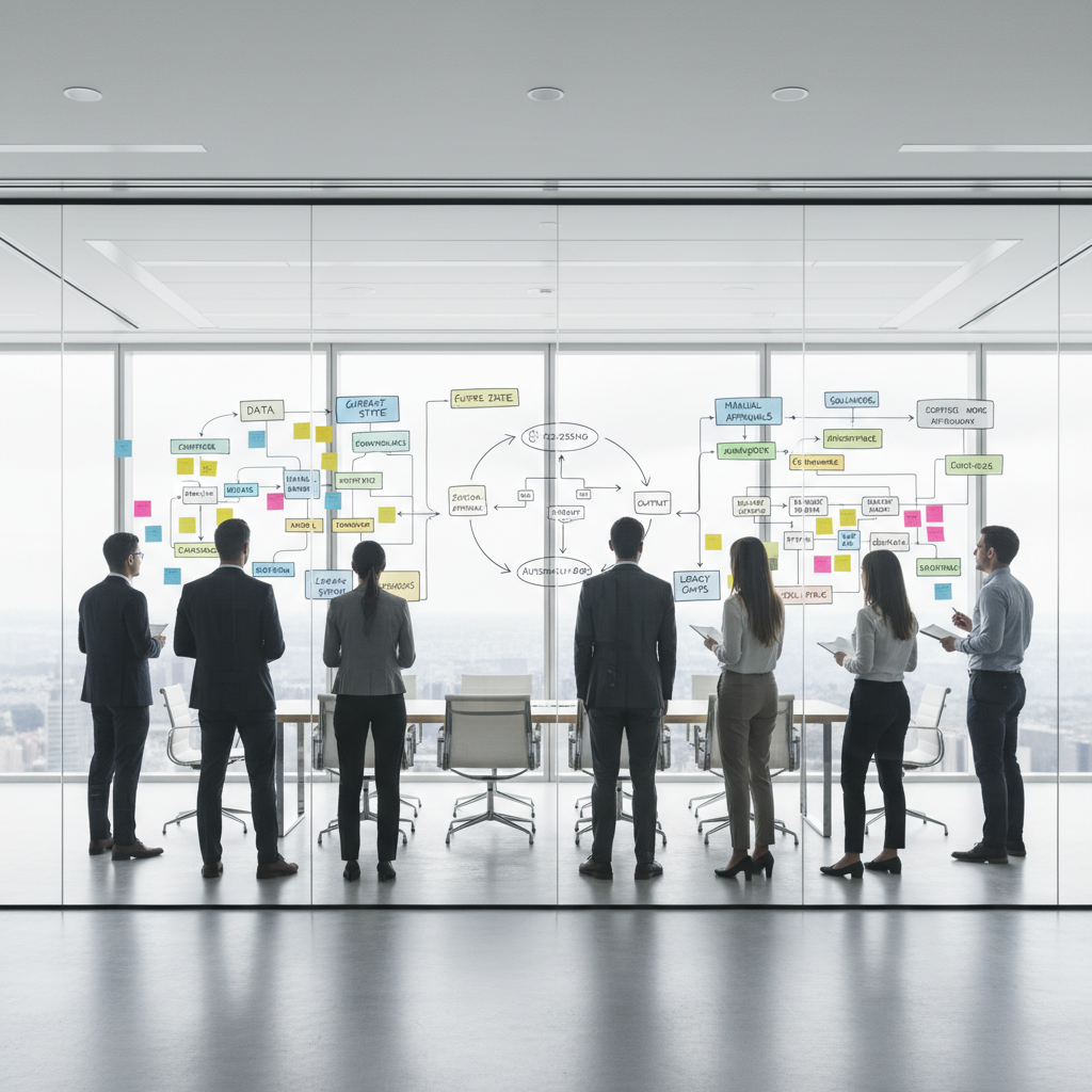 Operations and IT stakeholders in a conference room mapping workflows on a wall covered with sticky notes