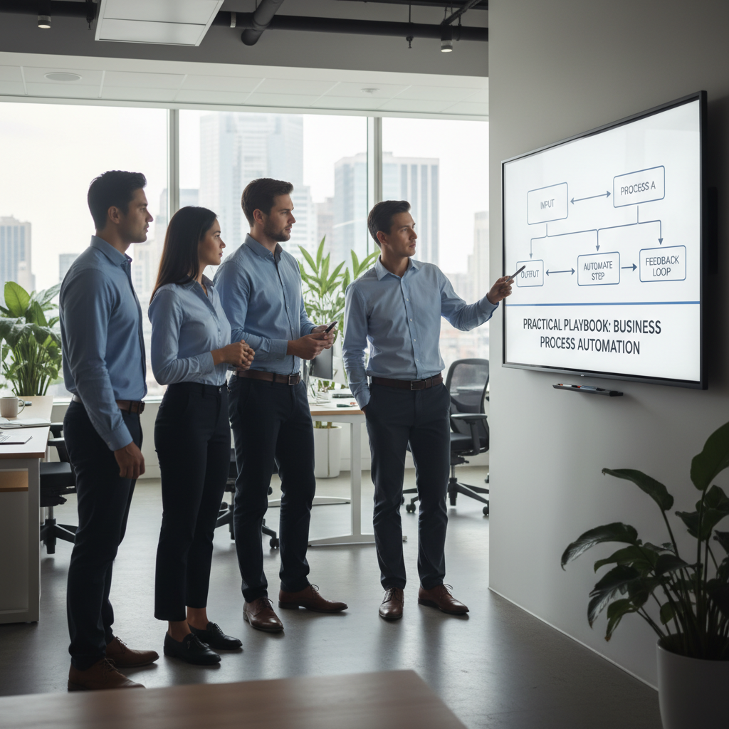 Small group of professionals collaborating around a digital whiteboard with a simple workflow diagram
