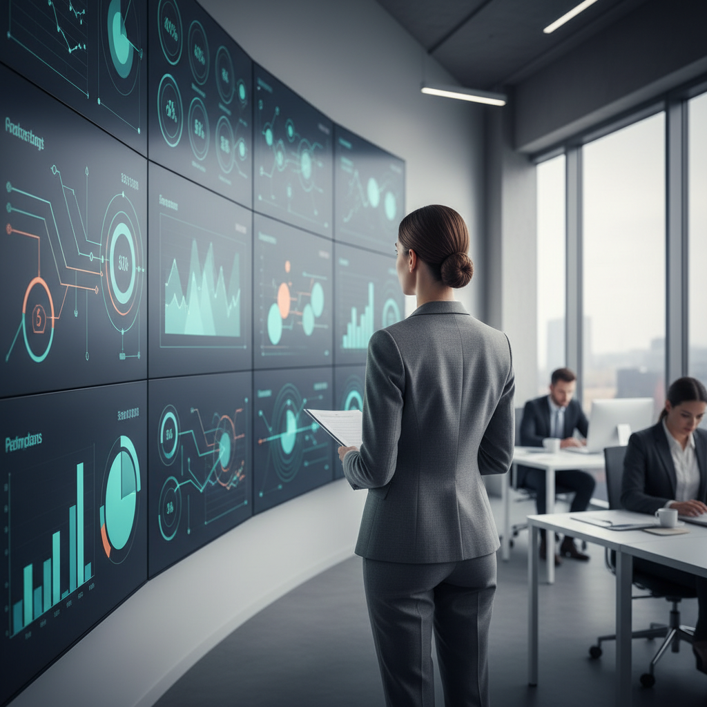 Operations leader reviewing large screens with workflow and performance dashboards in an office