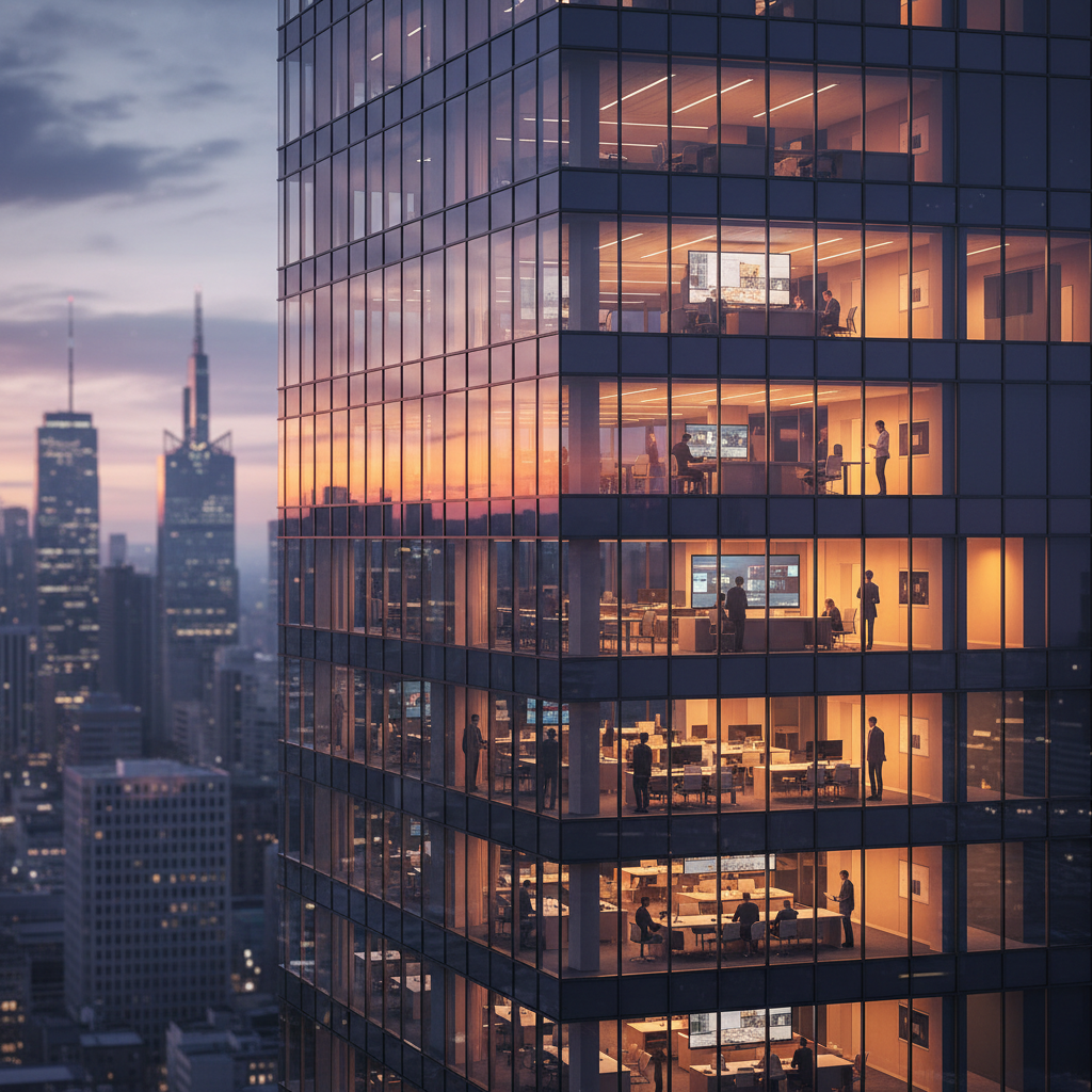 Modern glass office building in a generic city skyline representing a finance hub