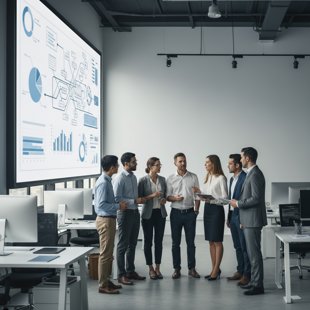 Team of professionals reviewing an automated financial workflow on a large screen
