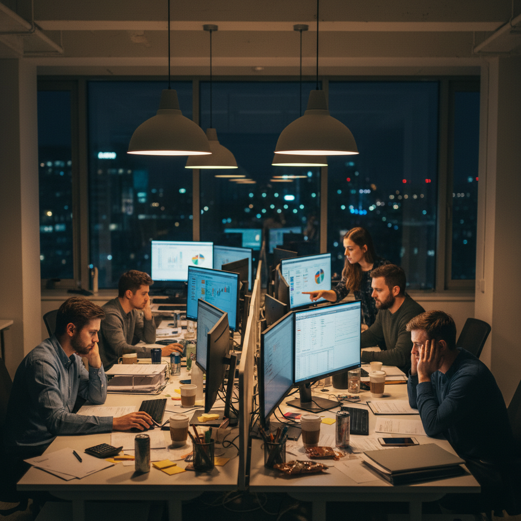 Finance team working late at night in a modern office during month-end close
