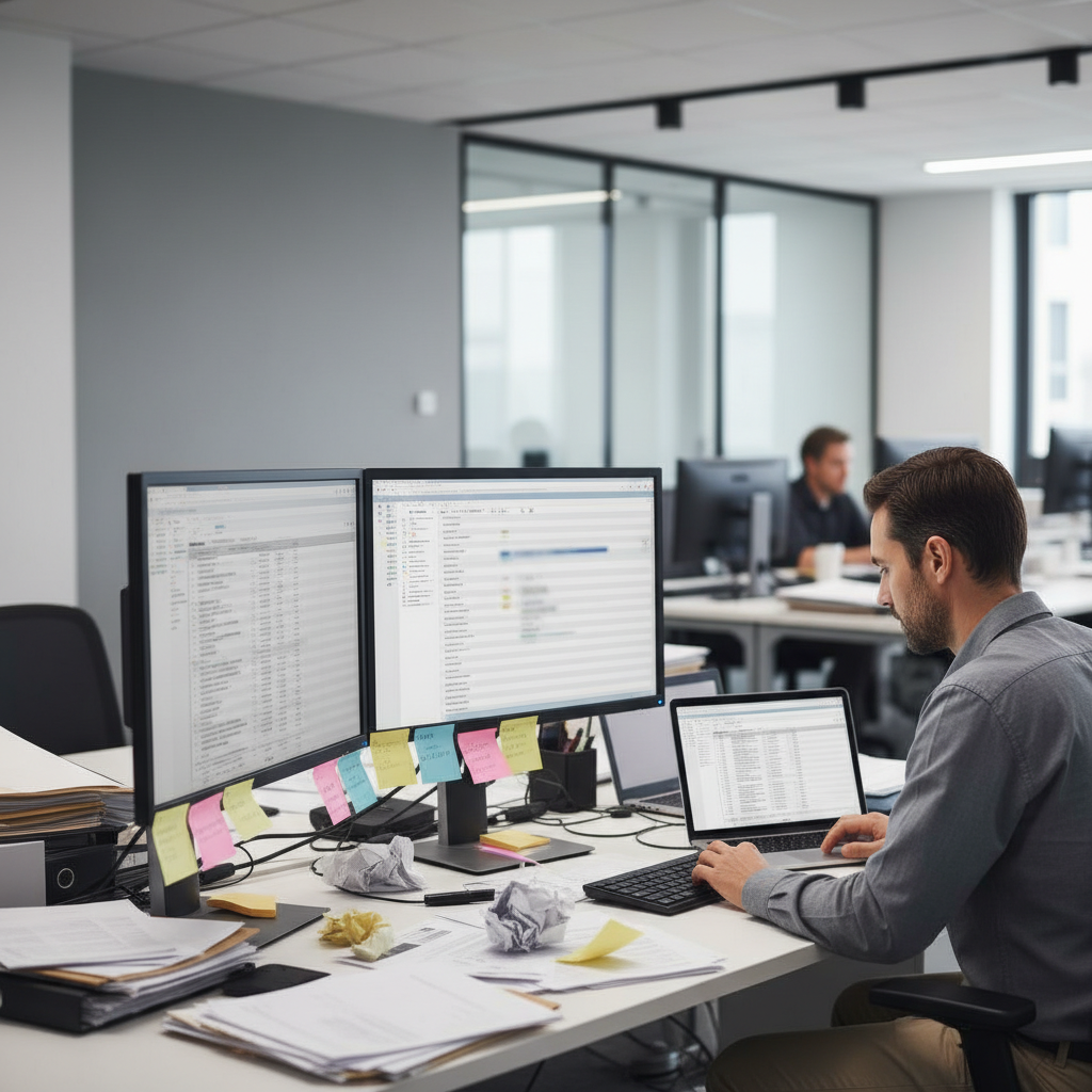 Accountant surrounded by email and spreadsheet screens showing a messy close process