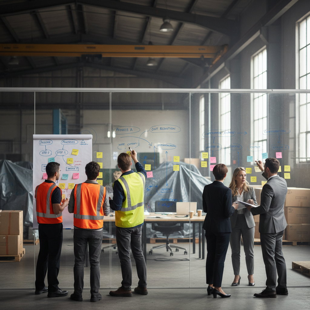 Mixed field and office operations team mapping end-to-end workflows on a whiteboard to support cost reduction