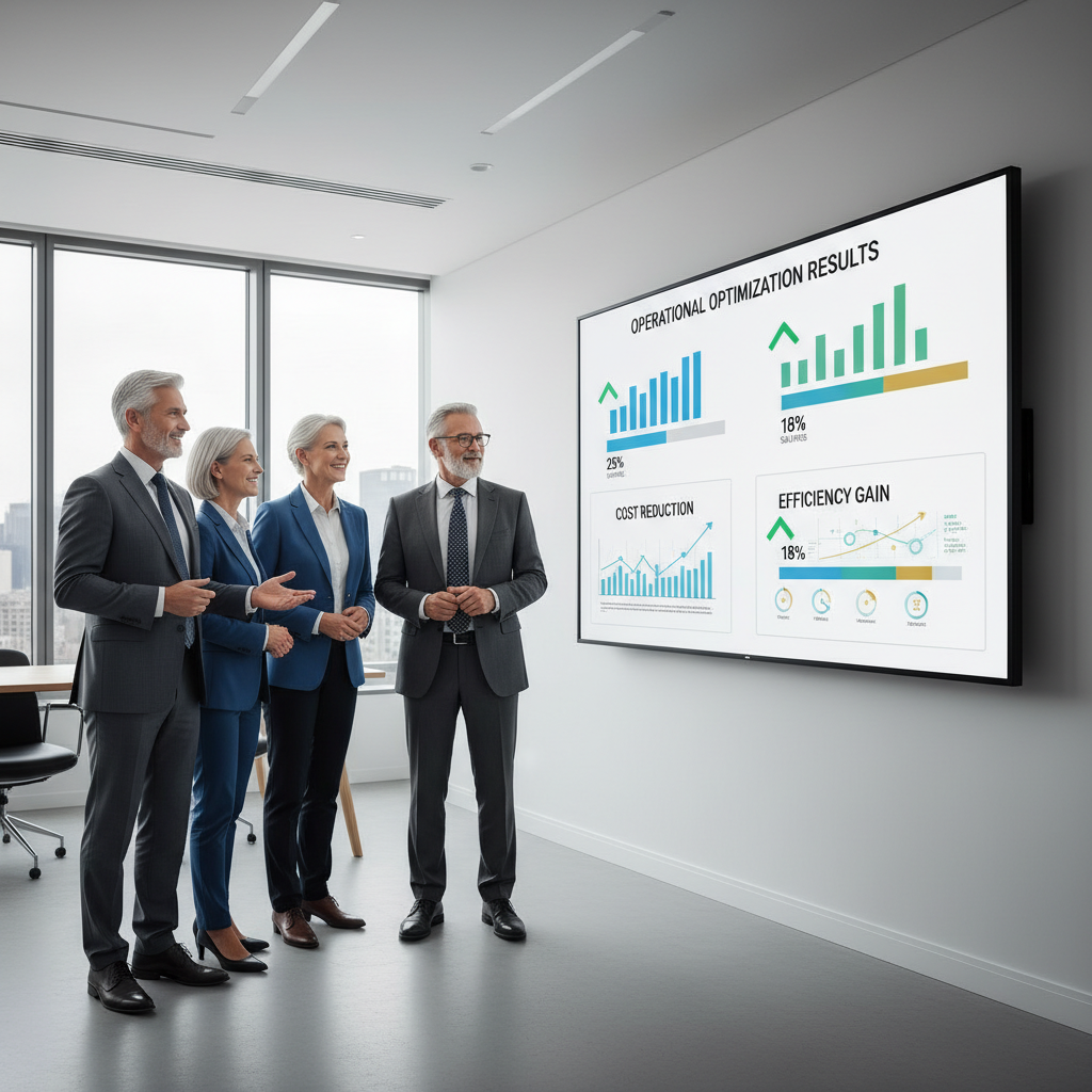 Leadership team reviewing a dashboard of efficiency gains and cost reduction results without layoffs