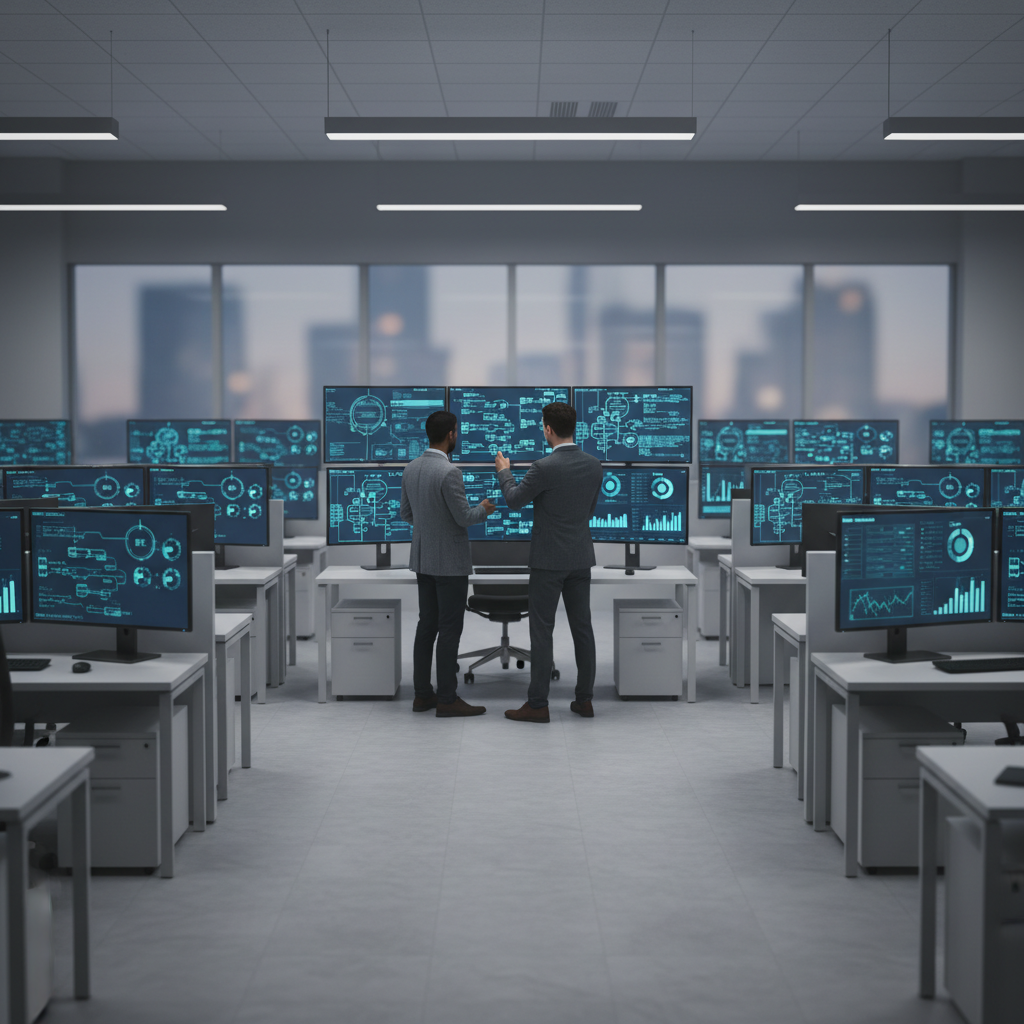 Team reviewing workflow automation dashboards and diagrams on large screens to drive operational cost reduction