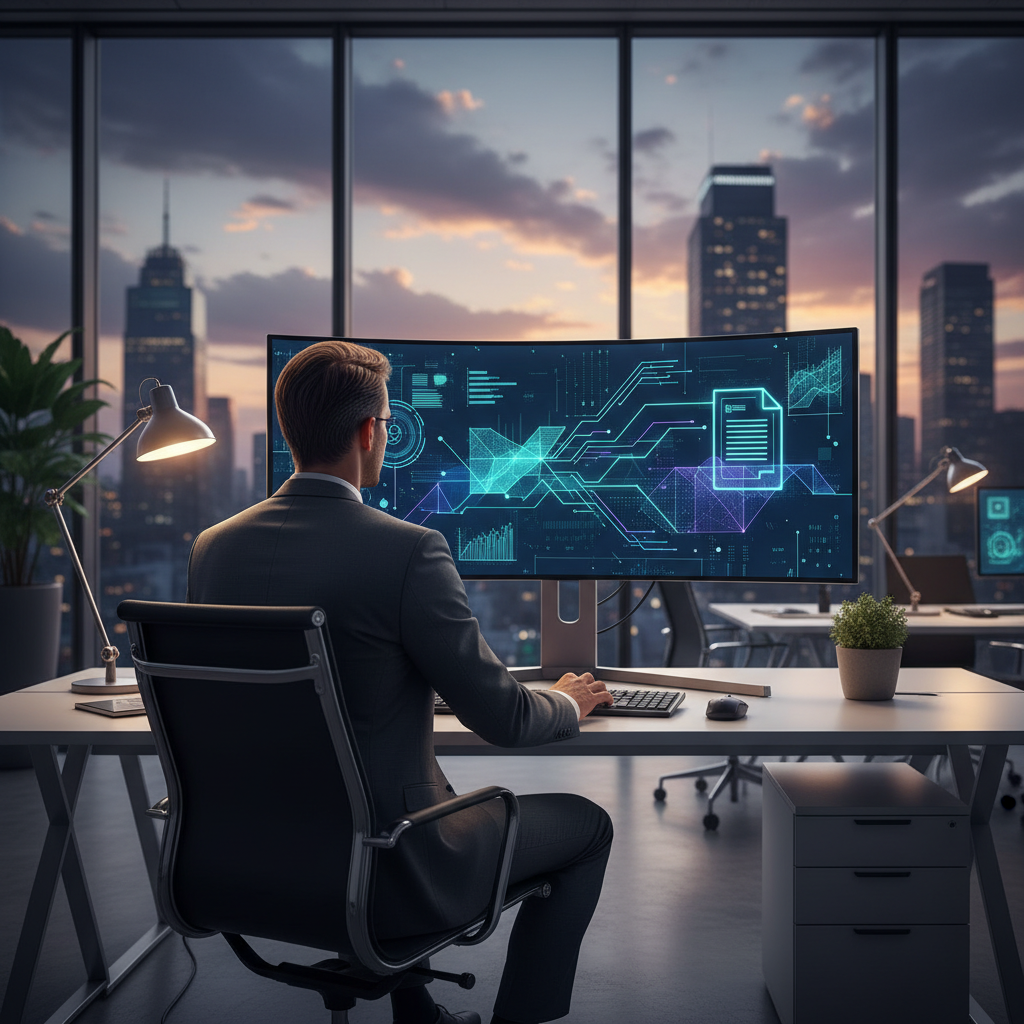 Professional viewing an analytics dashboard with abstract AI-powered workflow and document icons.