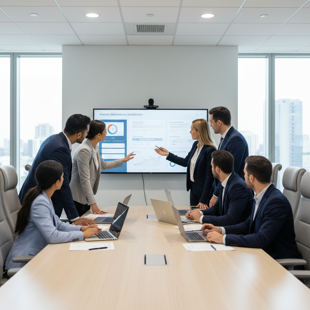 Business professionals reviewing digital documents on screens during a vendor onboarding meeting.