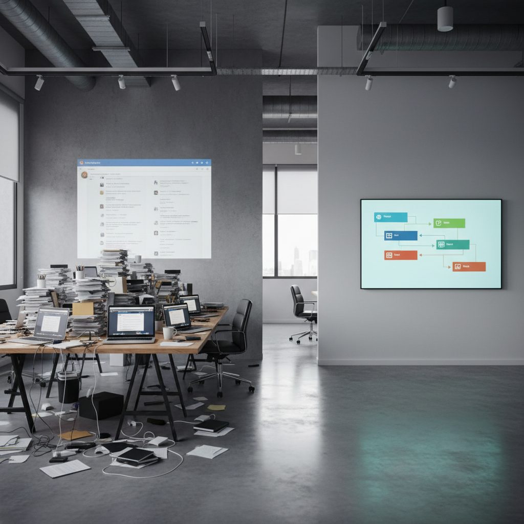 Cluttered office workspace transitioning into a clean digital workflow board to illustrate broken workflows