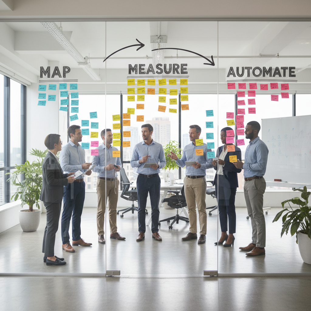 Operations leaders collaborating around a board that represents the map, measure, and automate workflow loop