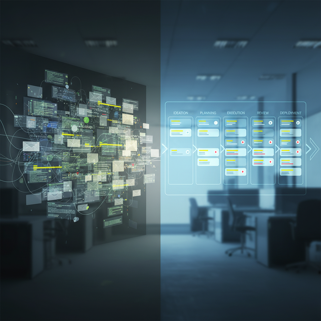 Split-screen visualization of email and spreadsheets on one side and a clean digital workflow board on the other