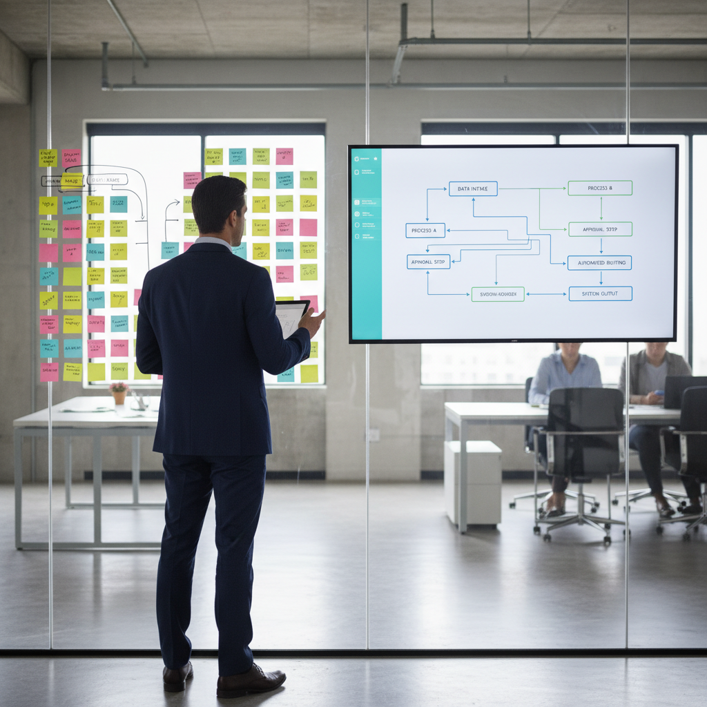 Professional refining a documented workflow on glass while viewing a digital automation interface