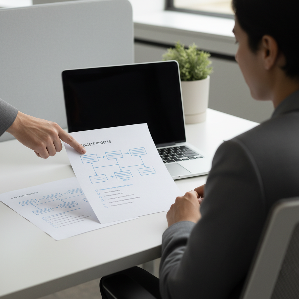 Printed business process documents and a laptop on a desk being reviewed by a team