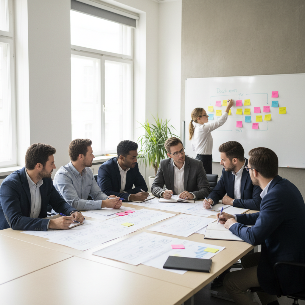 Cross-functional team collaborating on business process documentation around a conference table