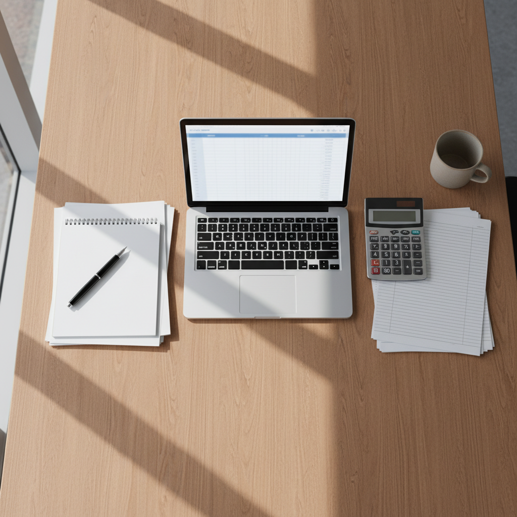 Organized office desk with laptop and paperwork representing automated client invoicing and accounts receivable
