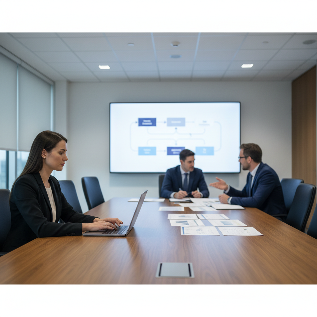 Finance team in a conference room reviewing an accounts payable approvals workflow on a large screen
