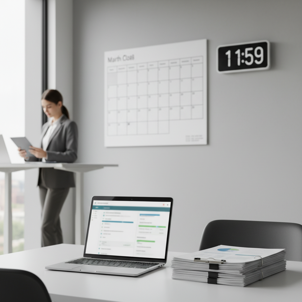 Modern office desk with calendar and laptop dashboard representing an organized month-end close process