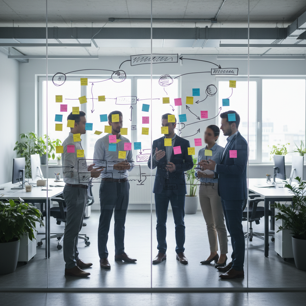 Team reviewing an accounting operations workflow diagram on a glass wall