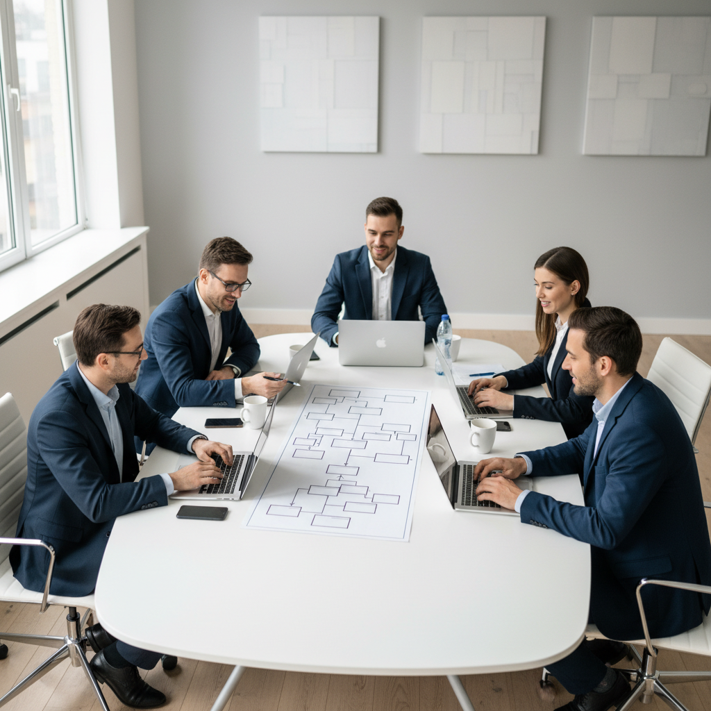 Team mapping an accounting operations workflow around a conference table