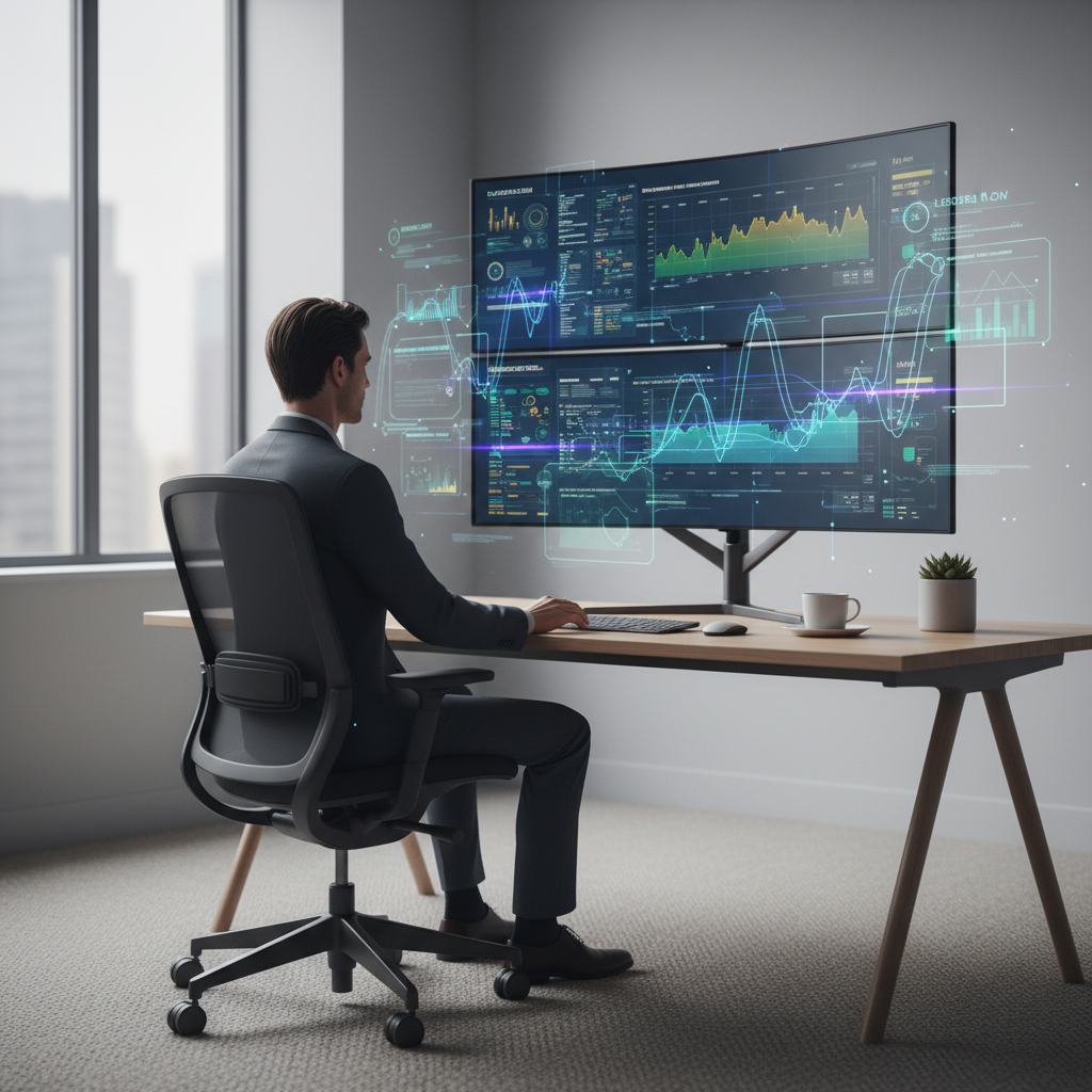 Modern workspace with dashboards representing AI-powered accounting operations workflows