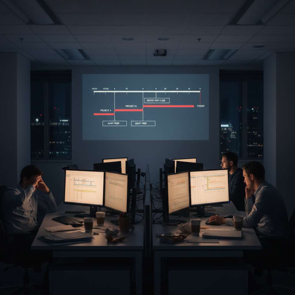 Accounting team working late in an office with multiple screens showing backed-up work