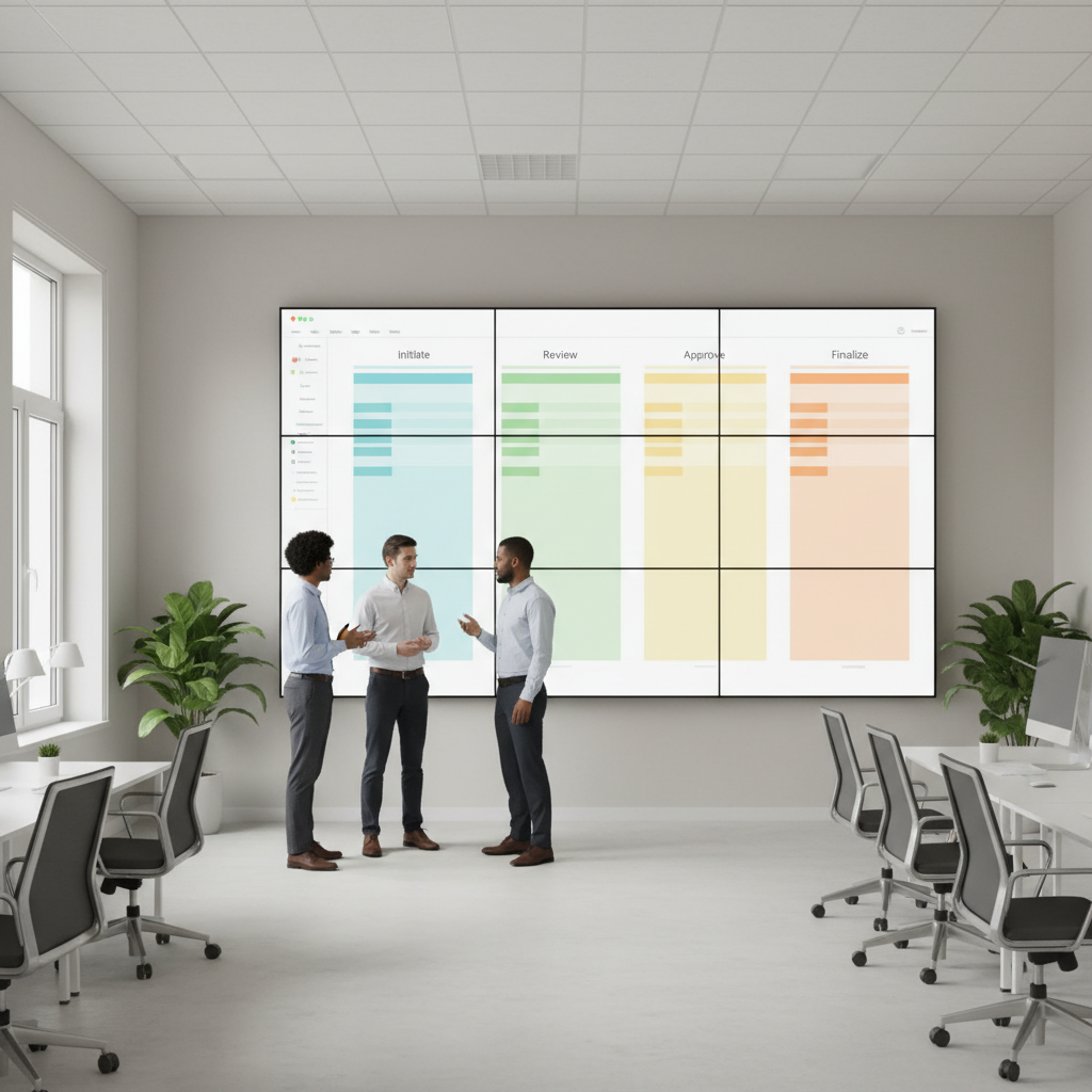 Accounting operations team reviewing an organized workflow management dashboard on a large screen
