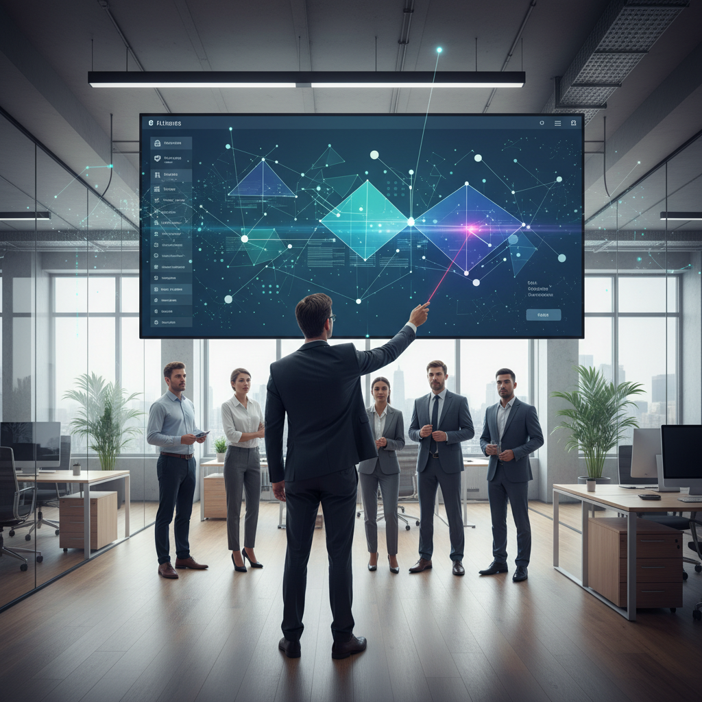 Accounting professionals viewing an AI-powered workflow and client portal interface on a large office screen