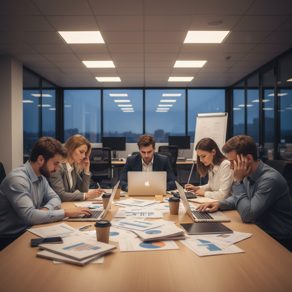 Finance team surrounded by laptops and spreadsheets during a stressful month-end close