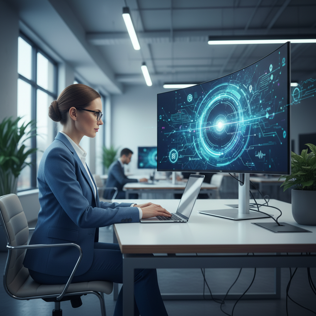 Accountant using a laptop with abstract AI workflow diagrams on a large monitor