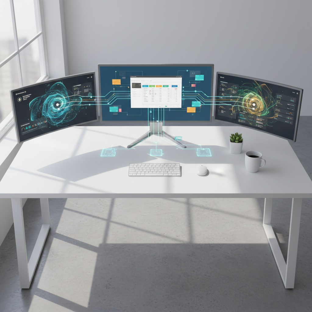 Multiple monitors showing financial dashboards connected through a central general ledger
